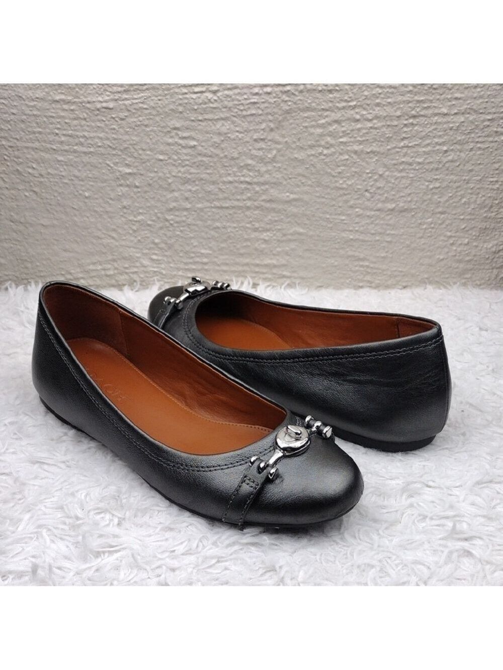 Coach Silver Black Leather Hardware Strap Upper Round Toe Slip On Flat Loafer